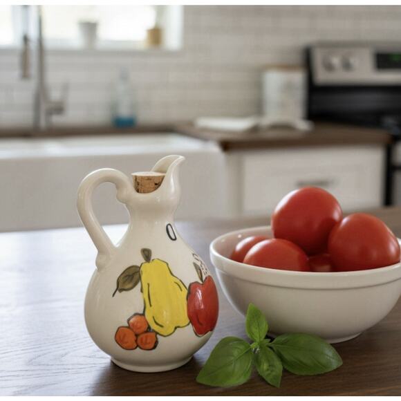 Vintage Handled Oil Cruet Bottle, ‘Masako’ Hand Painted Apple and Pear, Japan - Picture 5 of 7